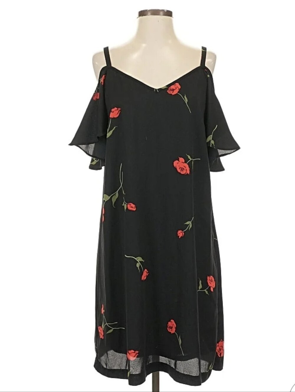 Beyond By Ashley Graham Black Cold-Shoulder Floral Dress with Red Rose Print
